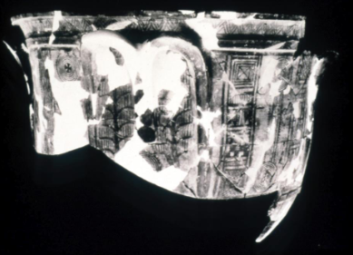 Figure 4: This image shows a reconstruction of pottery sherds from a massive protogeometric krater found in a small area in the Central Room immediately south of a burial shaft.