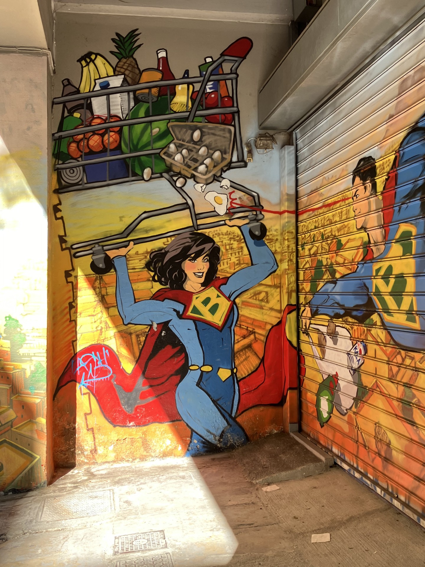 a cartoon super woman on a store front