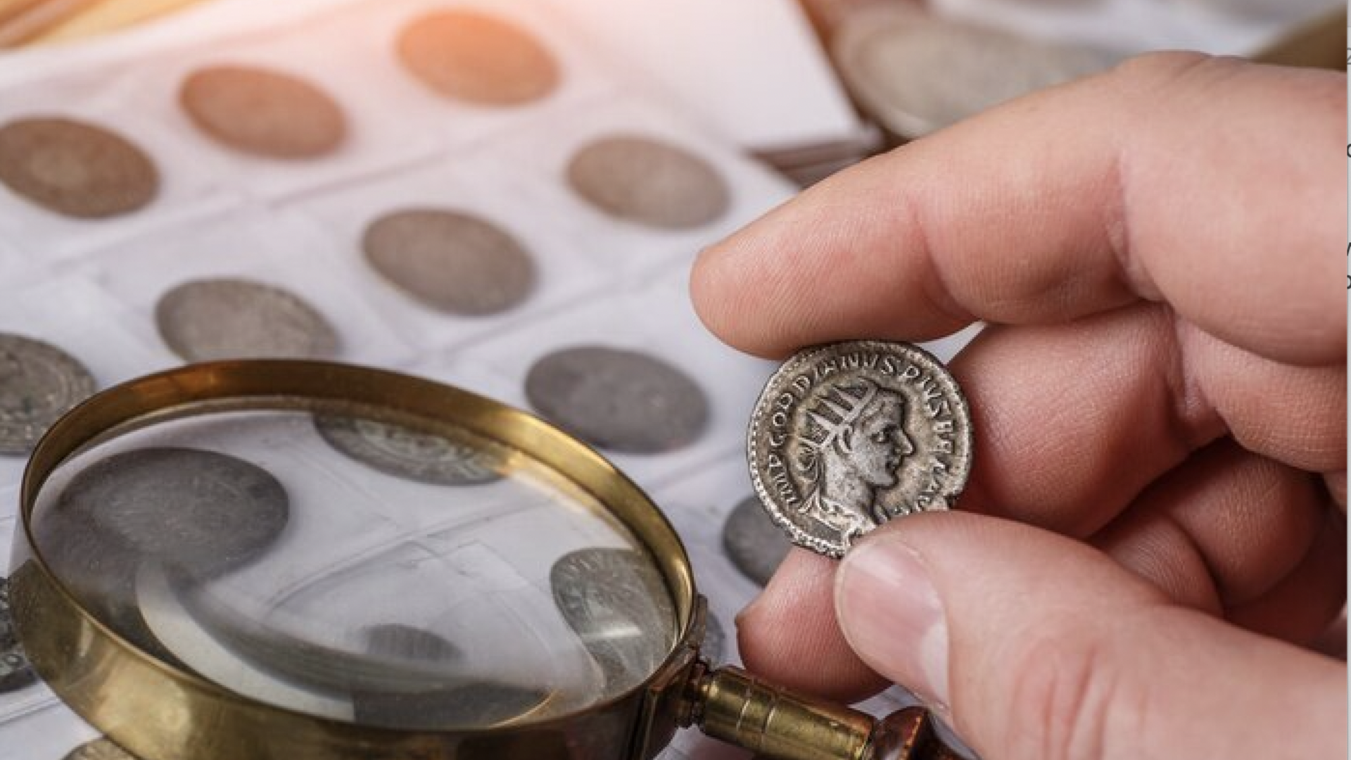 A visual representation of numismatics. In image: an individual holding up a coin for analysis