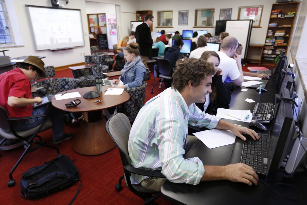 Students studying in the Language Learning Center