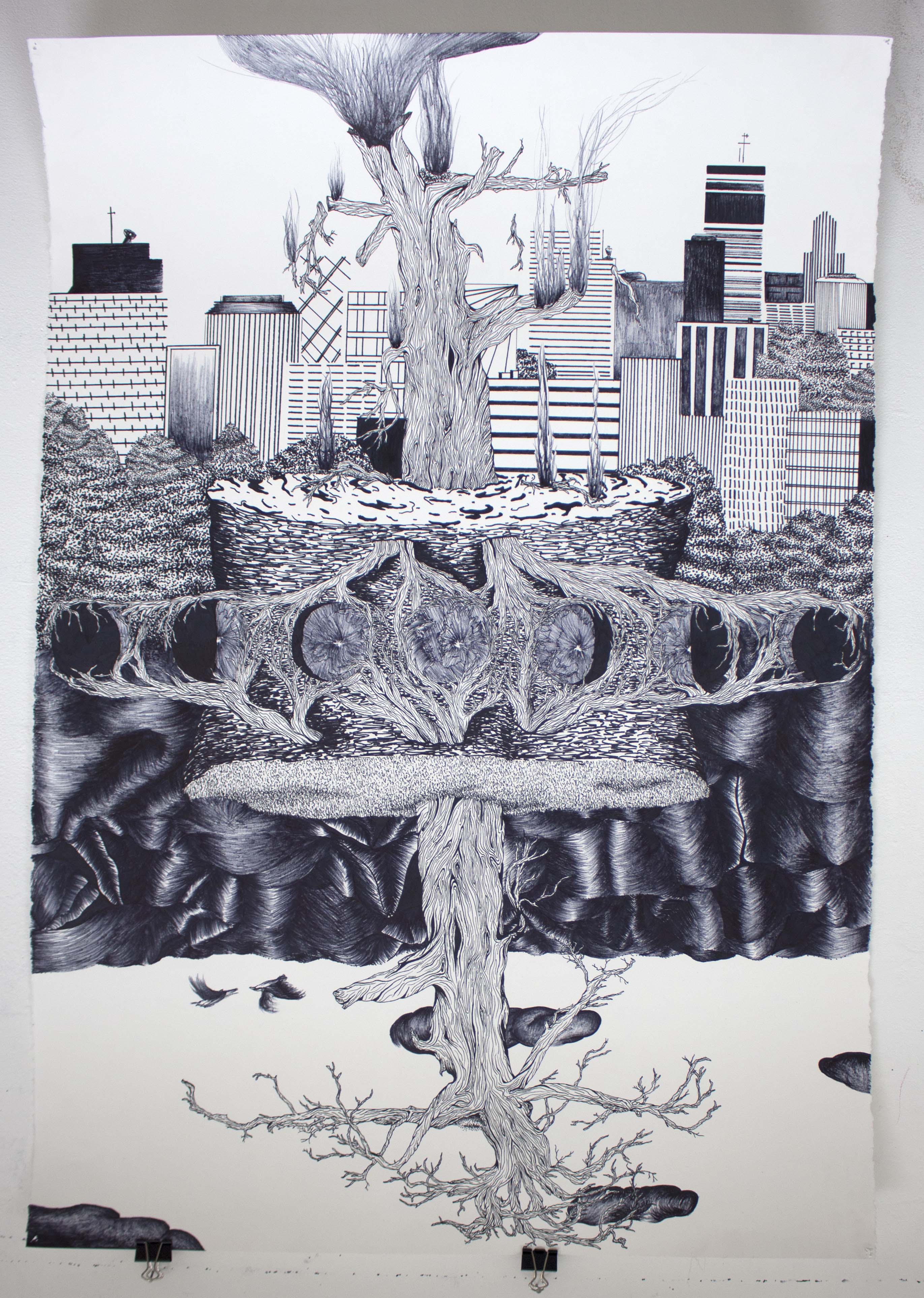 A drawing of a tree and a city