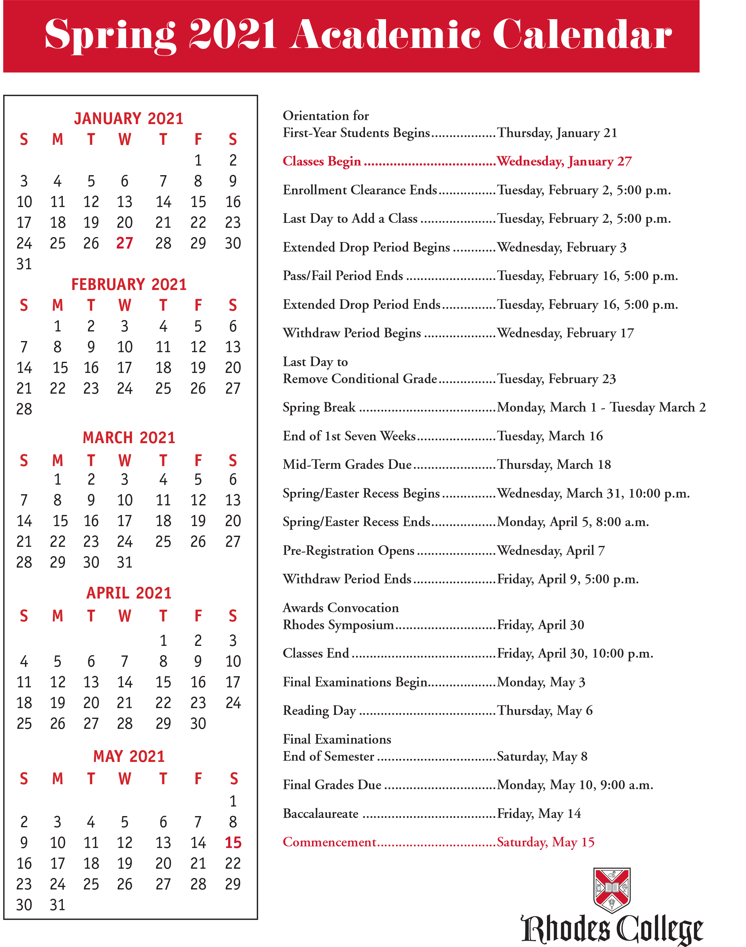a calendar of academic dates Spring 2021